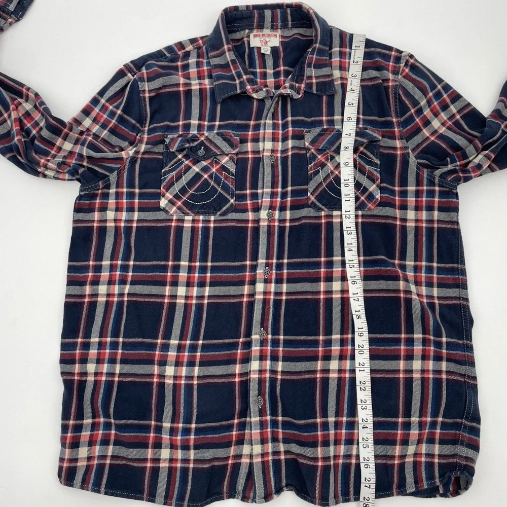 True Religion Mens Plaid‎ Flannel LS Utility Shirt Navy Red XL SVY974ZL01815